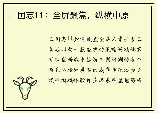 三国志11：全屏聚焦，纵横中原